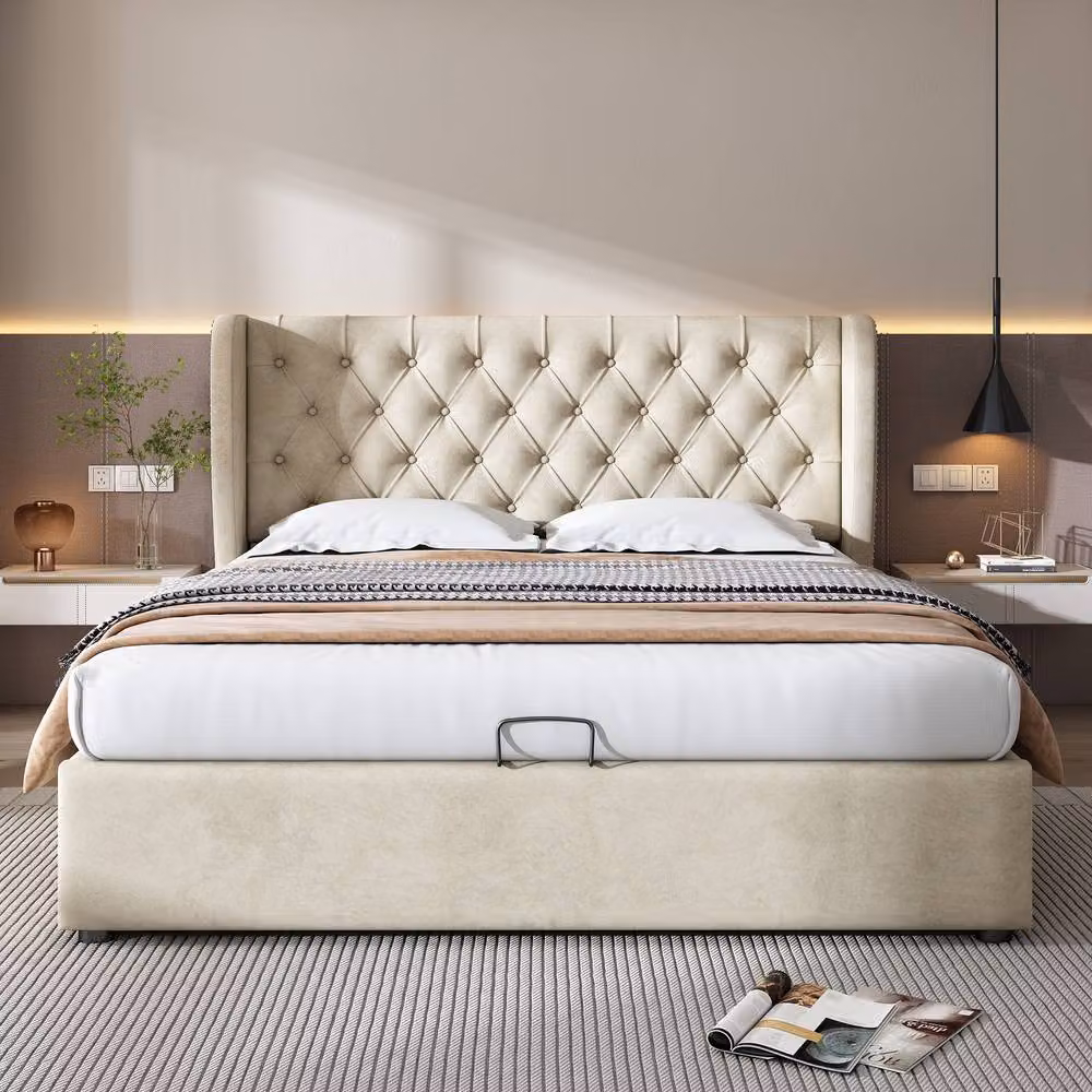 Matteo Modern Upholstered Bed with Hydraulic Lift Base in Beige Velvet, W/D/H: 140 x 200 x 135 cm – 2