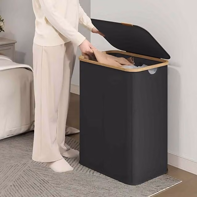 The Bazaarist Double Laundry Hamper with Lid, Bamboo Frame and Fabric, Ink Black, W/D/H: 70.5 x 38.5 x 52 cm