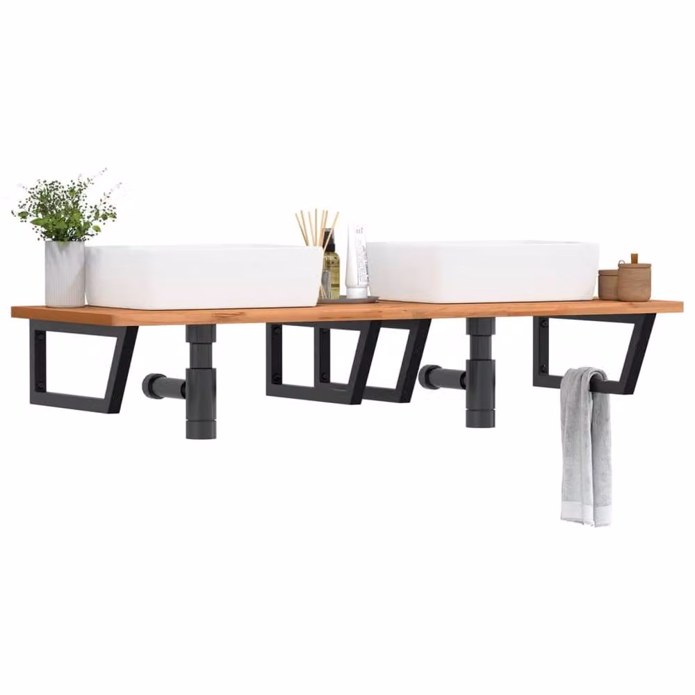 Berkfield Home Wall Mounted Basin Shelf in Brown Steel and Solid Beech Wood – 2
