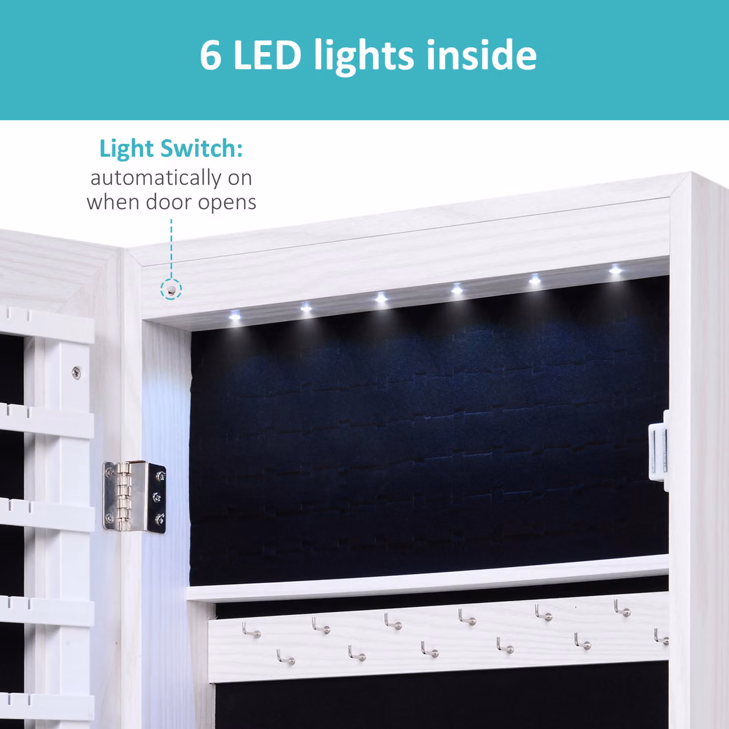 HOMCOM White Mirrored Jewellery Cabinet with LED Lights, Lockable Wall or Door Mounted Organiser – 4