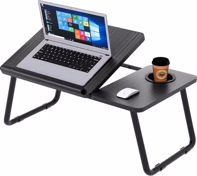 MANTRARAJ Folding Laptop Bed Table in Black with Height Adjustable and Tilting Top and Cup Holder – 1