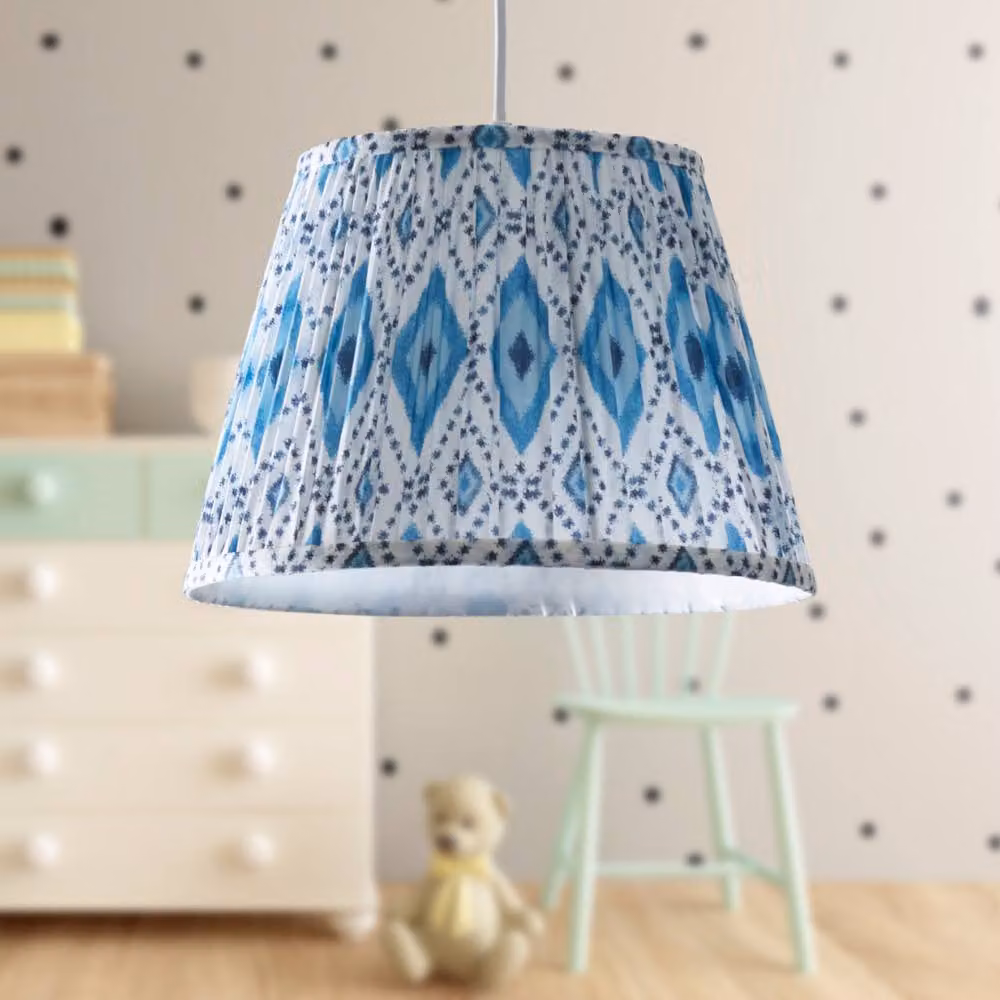 First Choice Lighting Ikat Blue Abstract Fabric Round Easy Fit Pendant Shade or Table Lampshade, Diameter: 30 cm – 2