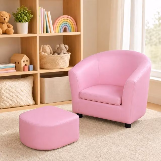 STILVORA Children's Armchair with Footstool in Pink – 1