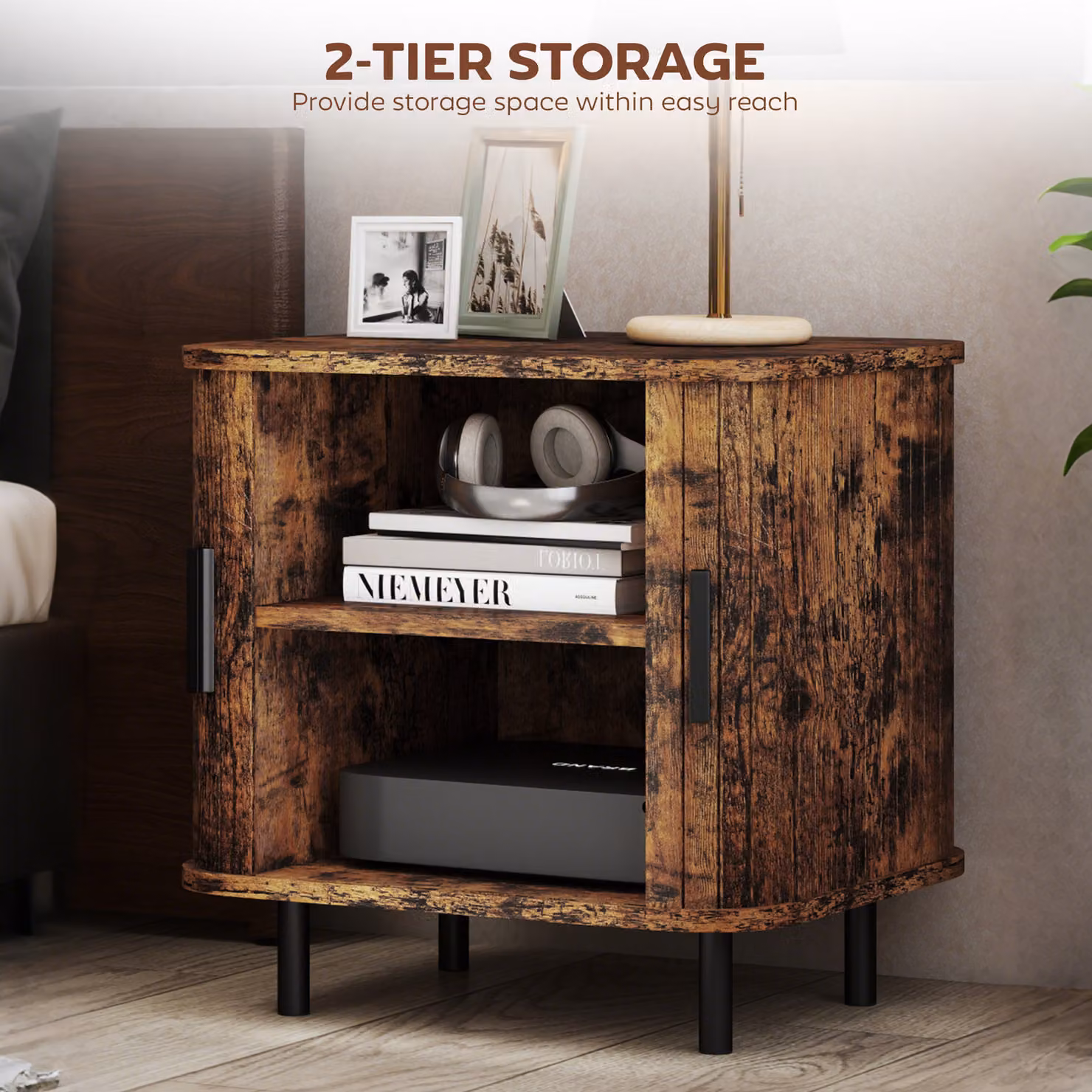HOMCOM Mid-Century Sideboard Cabinet and Accent Console with Tambour Doors in Rustic Brown – 4