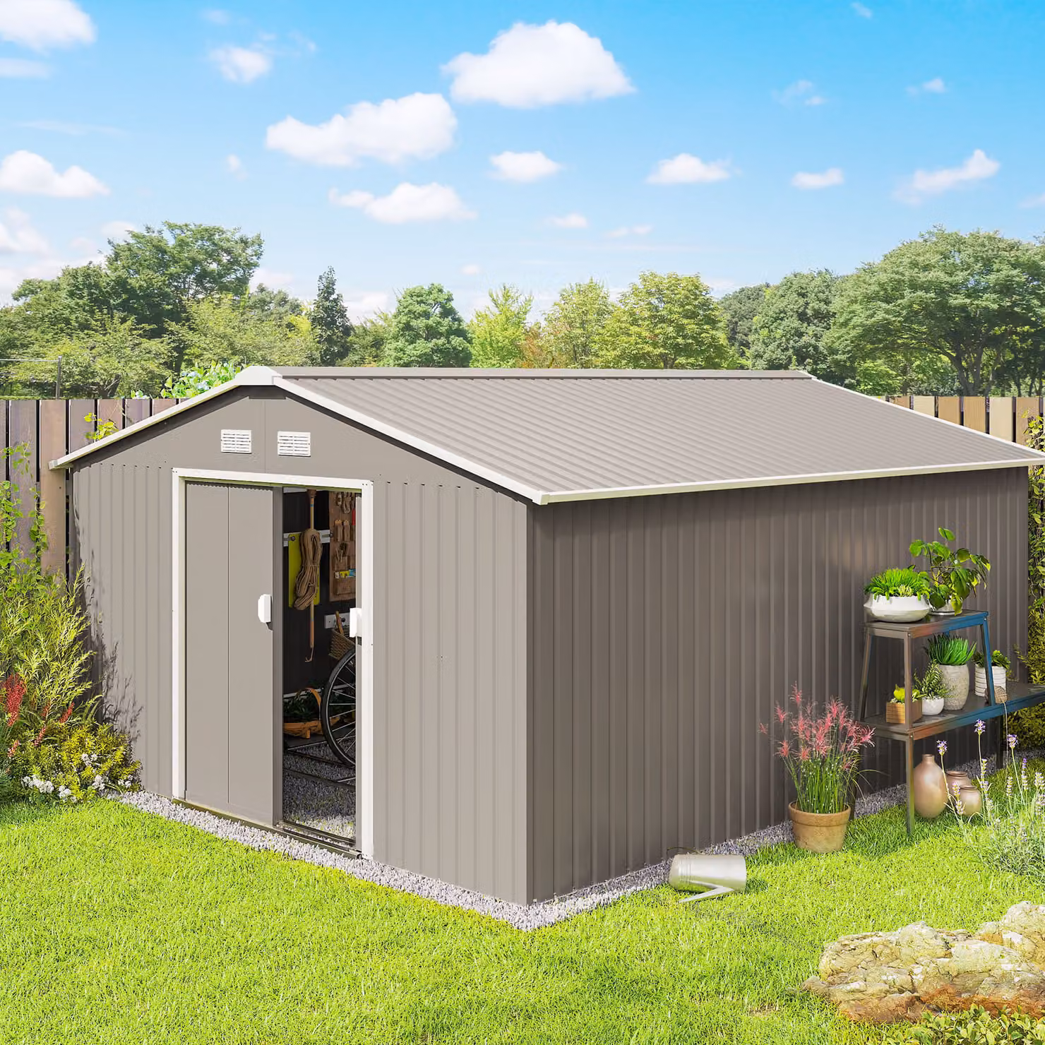 Outsunny Large Galvanised Steel Garden Storage Shed with Lockable Sliding Doors and Foundation Ventilation, Light Grey – 2
