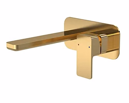 nuie WIN828 Windon Modern Square Wall Mounted 2 Hole Basin Mixer Tap with Lever Handle and Back Plate, Brushed Brass