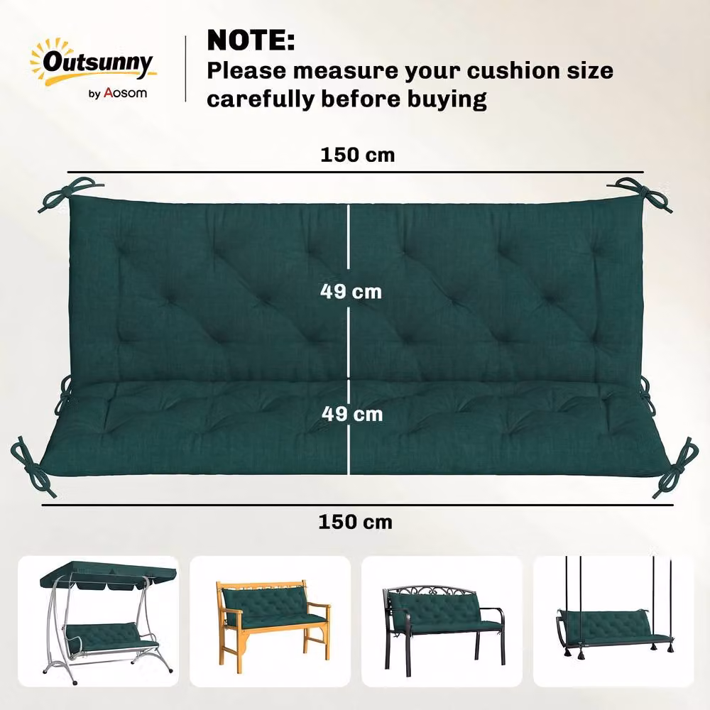 Outsunny 2 Seater Green Garden Bench Cushion with Water Repellent Polyester Ties – 3