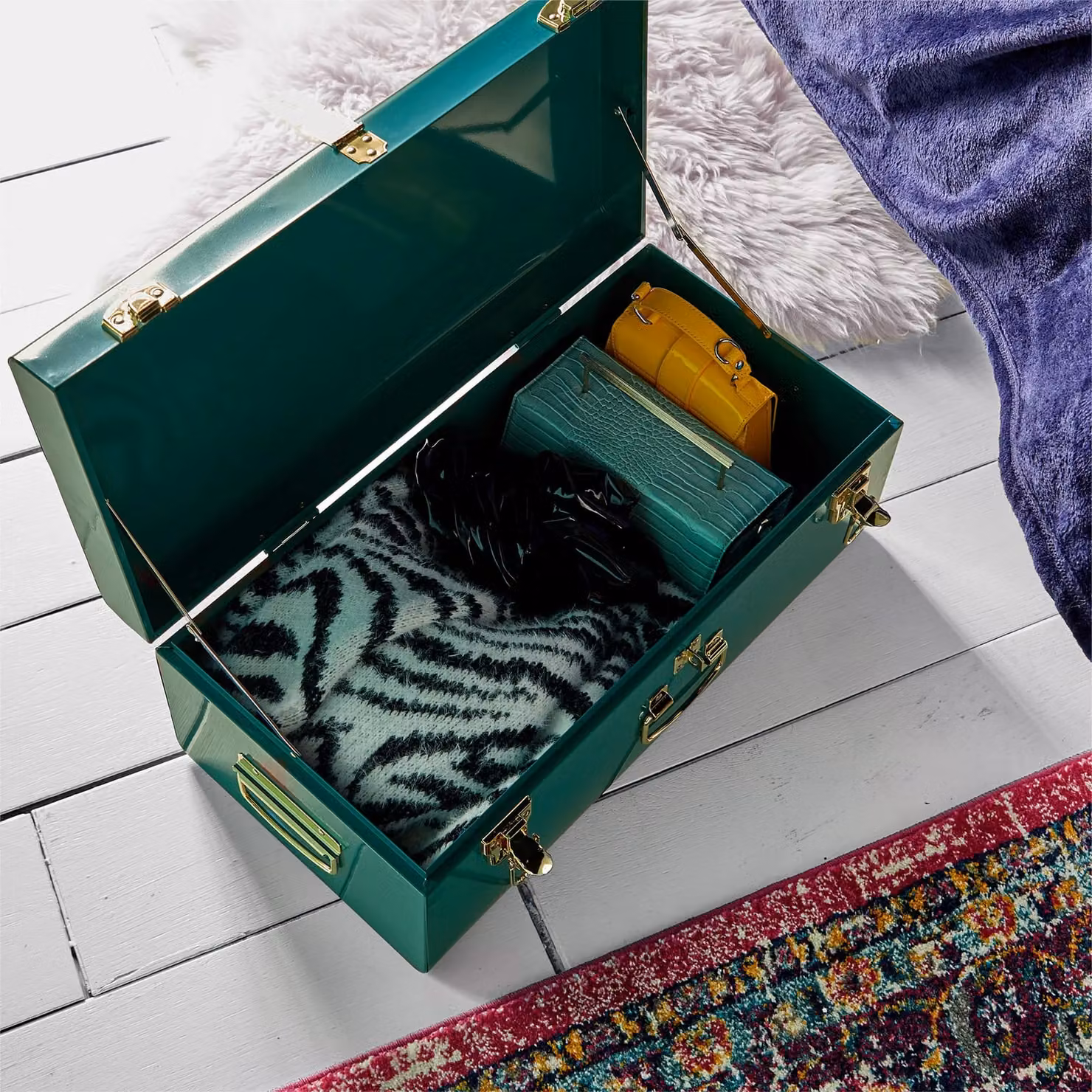 Beautify Petrol Metal Storage Trunk with Gold Hardware and Lock, W/D/H: 52 x 26 x 20 cm – 3