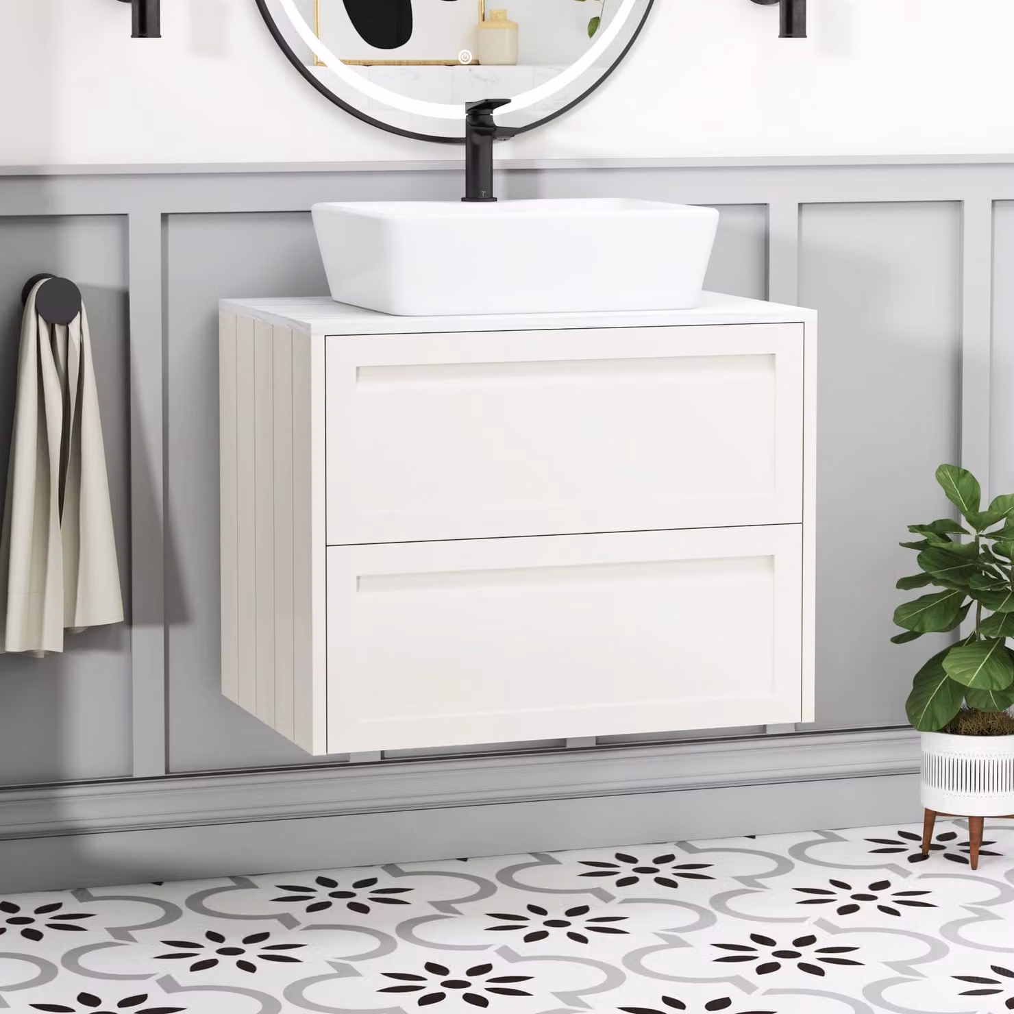 Royal Bathrooms Elmore 700mm Classic White Wall Hung Vanity Unit with 2 Drawers and Cube Basin