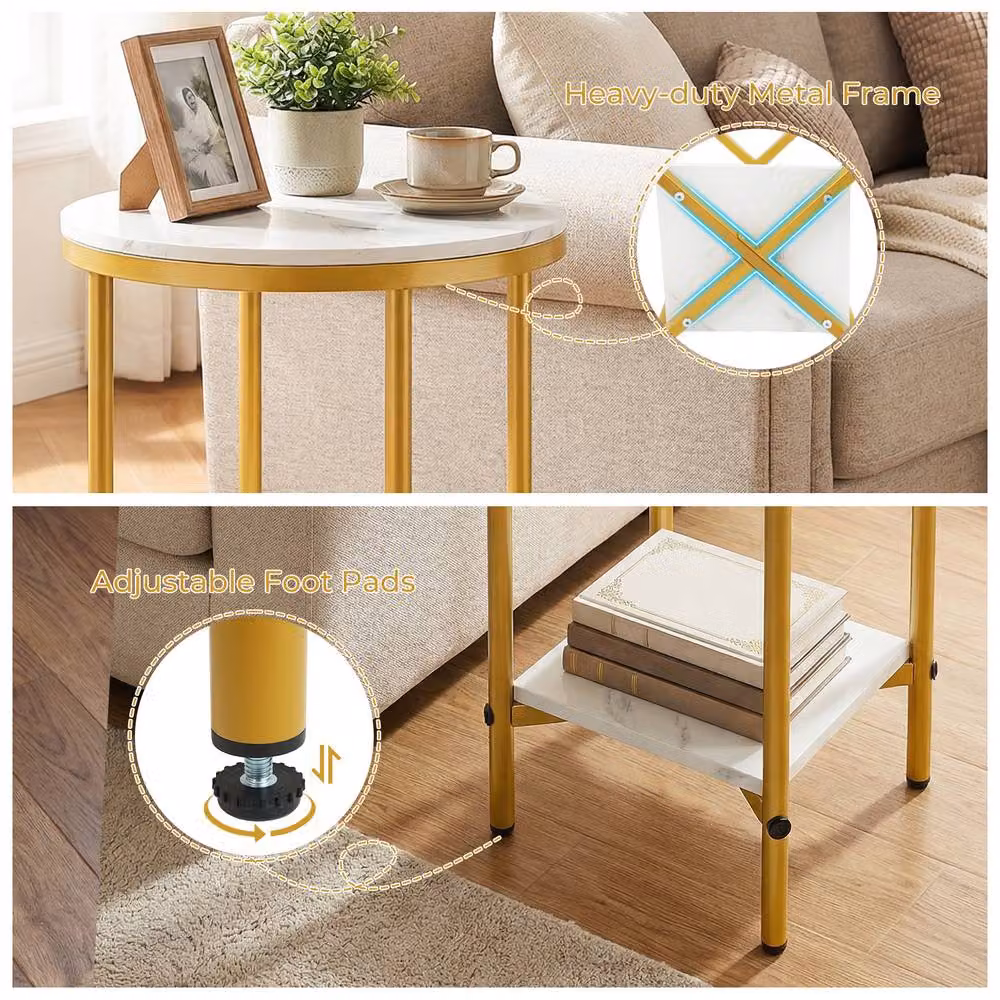 Gymax 2-Tier Round Side Table with White Faux Marble Top and Metal X-Frame – 2