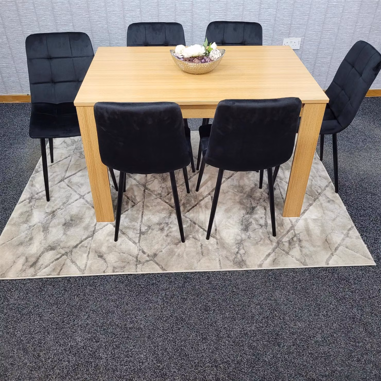 Kosy Koala Oak Effect Dining Table Set with 6 Black Velvet Chairs in Brown – 4