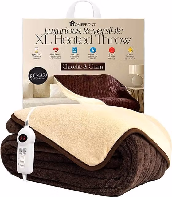Homefront Plush Electric Heated Throw Blanket in Brown and White with Rapid Heat Up and Washable Design