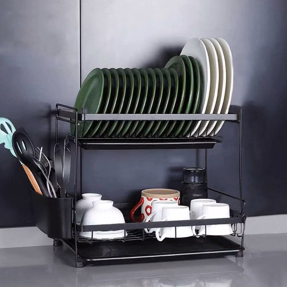FORGEVIO 2 Tier Kitchen Sink Dish Drainer Rack with Drip Tray, Black – 5