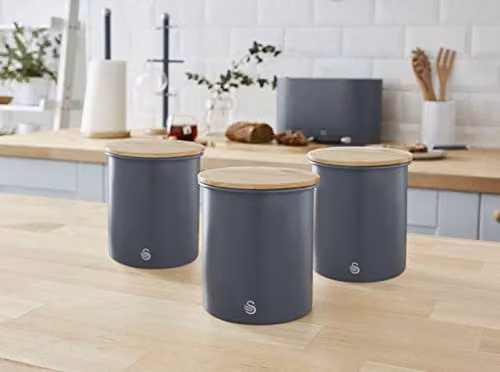 Swan Set of 3 Airtight Metal and Bamboo Canisters in Grey and Green – 2