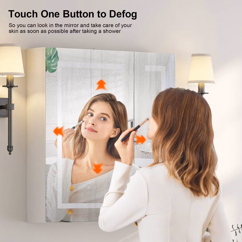 KEEPREAPER Modern White Wall-Mounted Bathroom Mirror Cabinet with LED Lighting, Shaver Socket, Sensor Switch and Anti-Fog Function – 2