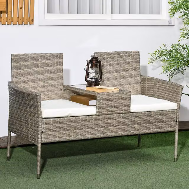 Outsunny Modern Rattan Garden Bench with Glass Coffee Table in Mixed Grey and Cream White