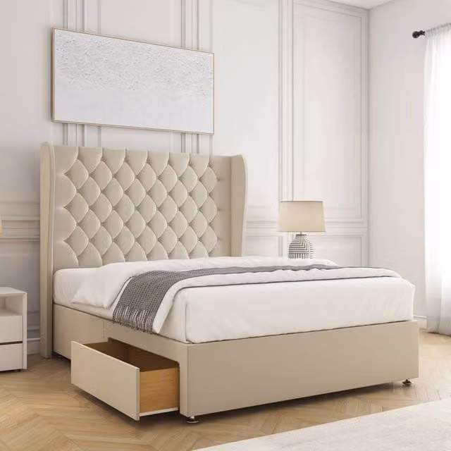 BSSPOKE Amelia Divan Bed Set with 2 Drawers, Headboard and Mattress, Plush Velvet, Beige, W/D/H: 180 x 200 cm
