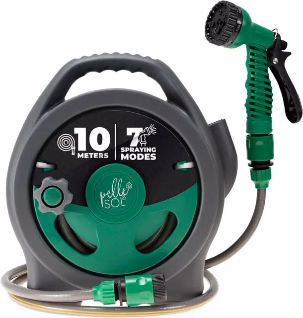 Pelle & Sol Wall-Mounted 10m Garden Hose Reel in Green and Grey with 7-Pattern Nozzle