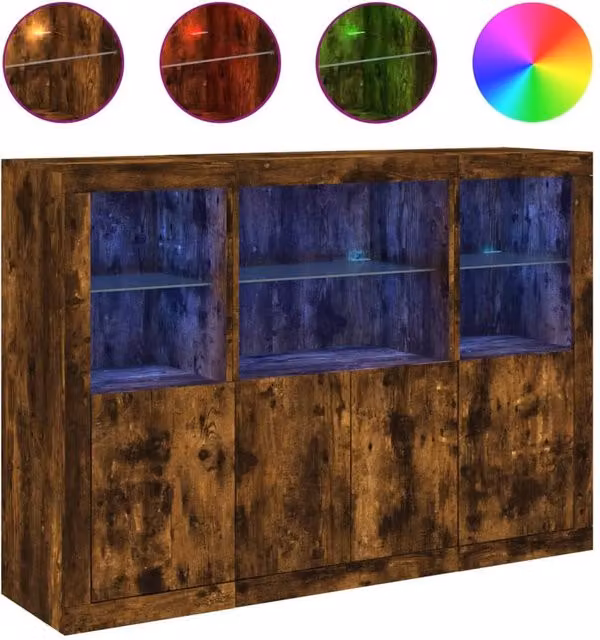 Berkfield Home Set of 3 Modern Smoked Oak Sideboards with Integrated LED Lighting in Brown
