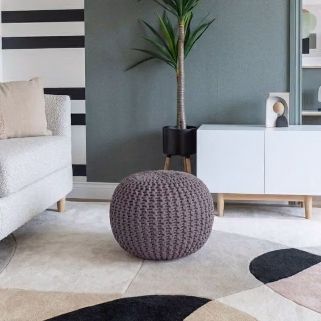 Home Sweet Home UK Handmade Large Chunky Knitted Round Pouffe Ottoman in Grey 100% Cotton