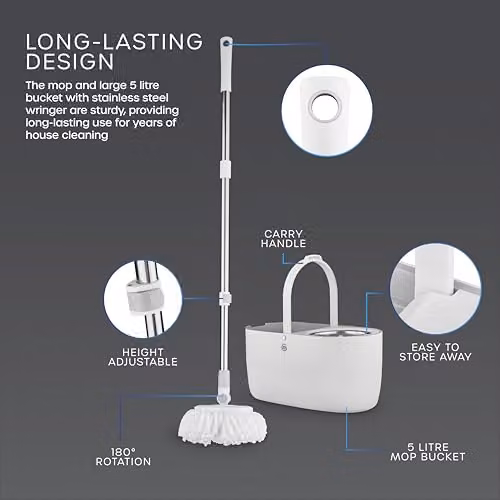 Swan Elevate Spin Mop and 5 Litre Bucket Set with Stainless Steel Wringer and Microfibre Mop Head, White SWFC2011WHTN – 4