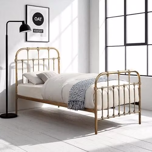 OAT Home Camden Metal Bed Frame in Antique Brass, Single Size, W/D/H: 90 x 190 x 201 cm