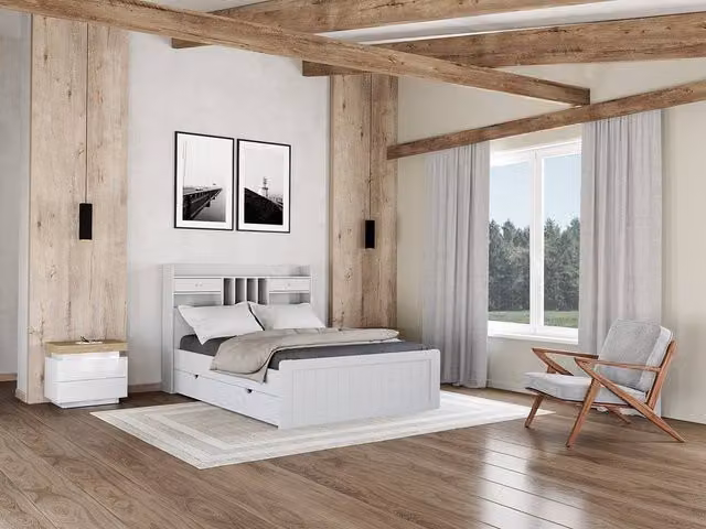 MEDERICK White Lacquered Pine Double Bed with Storage Drawers W/D/H: 140 x 190 x 148 cm – 1