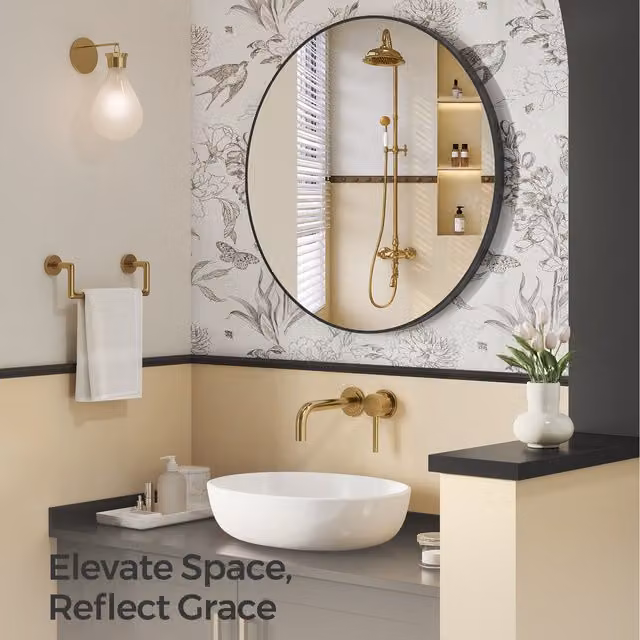 SONGMICS Round Wall Mirror with Metal Frame, Black, Diameter: 91 cm