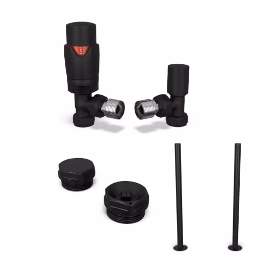 UK Radiators Stirling Bold Black Modern Angled Thermostatic Radiator Valve and Lockshield Set with 1/2BSP 15mm Connection