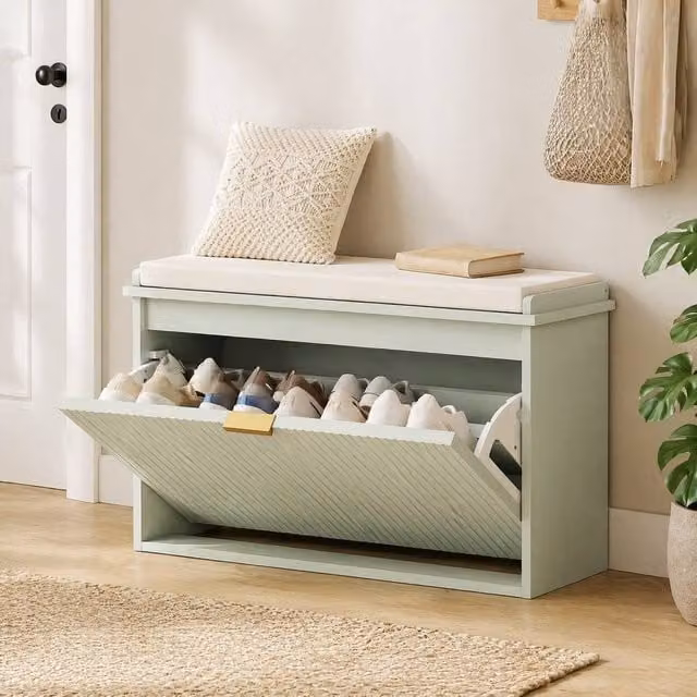 STILVORA Shoe Bench with Flip Drawer and Fabric Cushion Seat in Green – 1