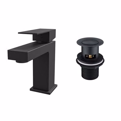 Nes Home Square Single Lever Basin Mono Mixer Tap with Pop Up Waste in Matte Black – 3