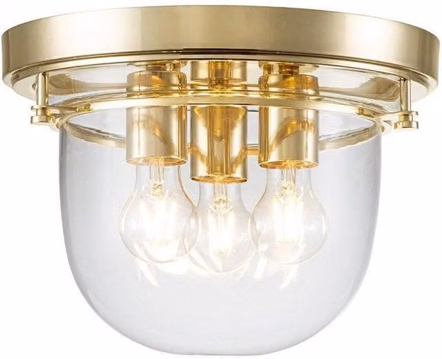 Quoizel Whistling Bowl Semi Flush Ceiling Light in Polished Brass and Yellow Glass, IP44 Rated