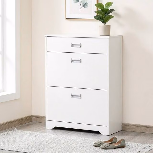 STILVORA Modern White Shoe Cabinet with Drawer and Tilting Compartments