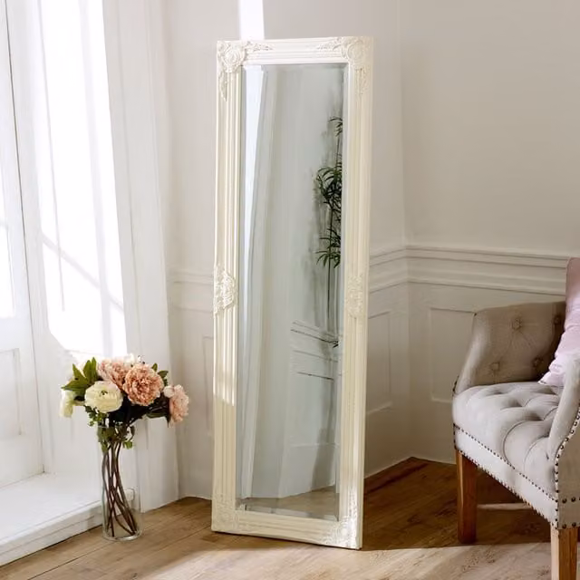 Melody Maison Ornate Oval Wall Mirror in Beige and White, H: 142 cm, W: 47 cm, D: 1 cm