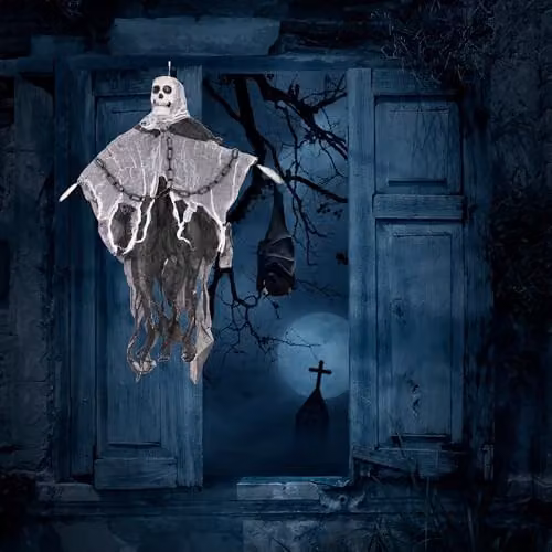 Shatchi Hanging Ghost Skeleton Halloween Decoration in Black with Chains, 90cm – 7