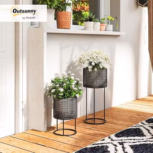 Outsunny Metal Planter Set of 2 Black Stackable Pots for Indoor and Outdoor Use – 2