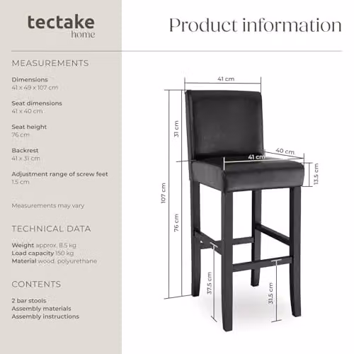 tectake Set of 2 Dover Bar Stools in Black with Synthetic Leather and Glossy Wood Legs – 2
