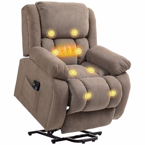 HOMCOM Brown Fabric Recliner Armchair with Powered Lift Assist, Vibration Massage and Heat – 1