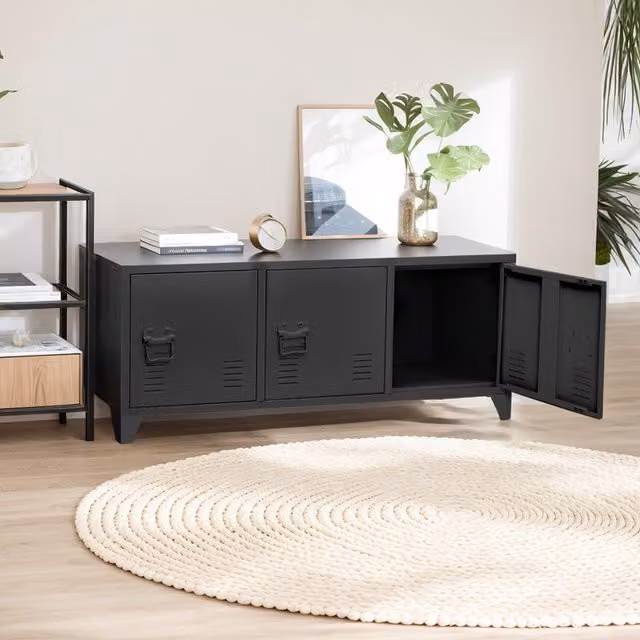 Livingandhome Matt Black Metal Freestanding Storage Cabinet with 3 Doors