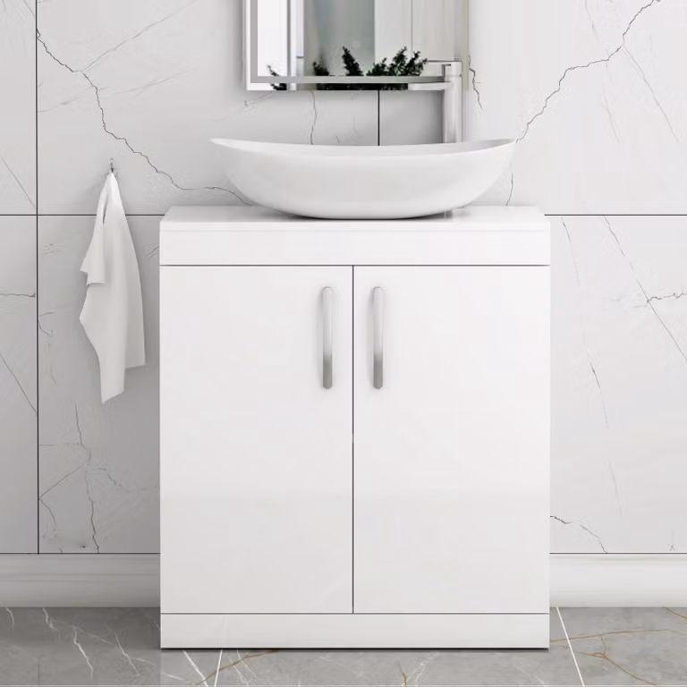 Cesar Turin 600mm Gloss White 2 Door Floor Standing Bathroom Vanity Unit with Countertop Basin