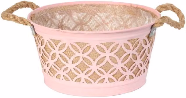 KDMD Round Pink Zinc Planter with Hessian Liner and Rope Handles