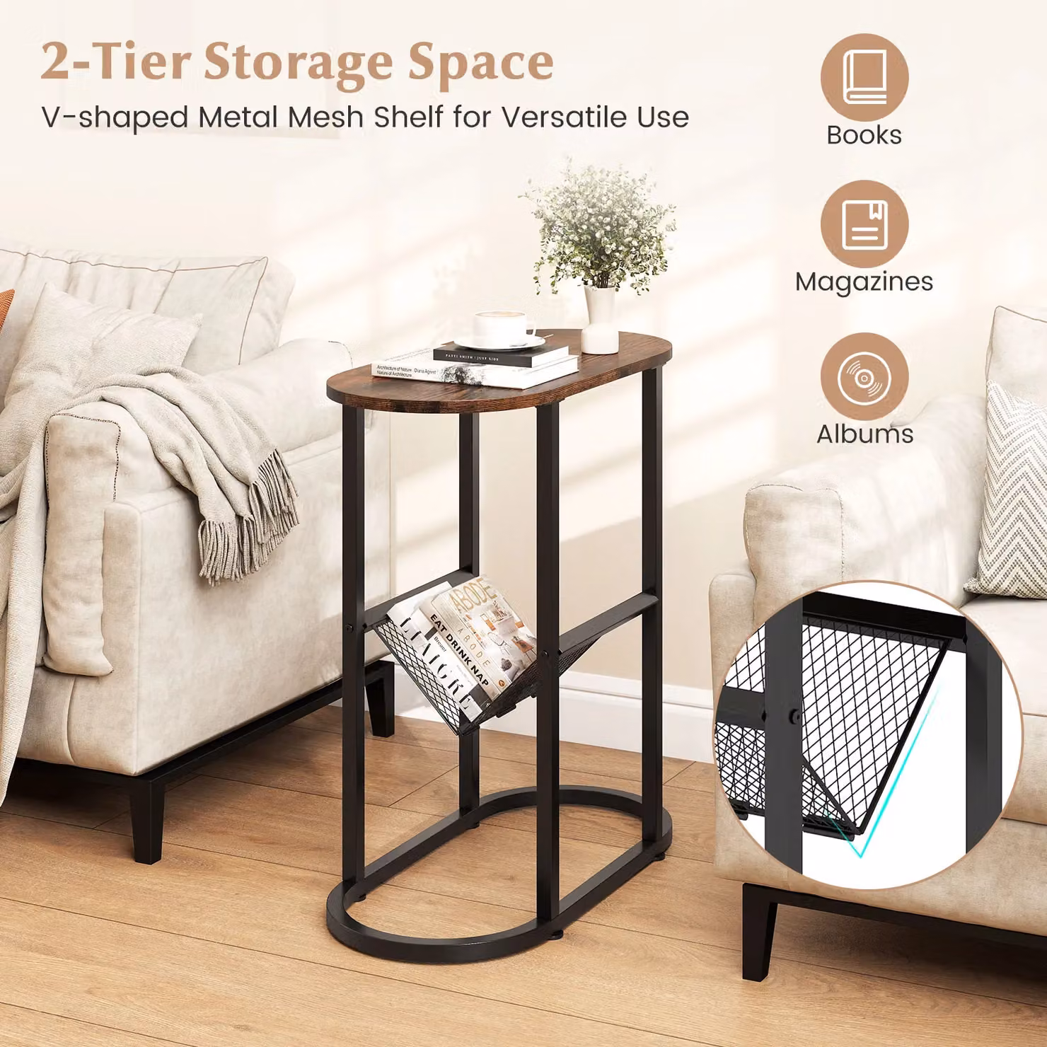 Costway Set of 2 Modern Faux Marble Narrow Side Tables with Magazine Holder in Brown – 2