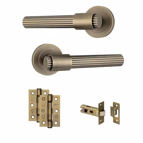 AXS Hardware Nevada Door Handle Pair on Rose with Stepped Collar Design in Antique Brass – 1