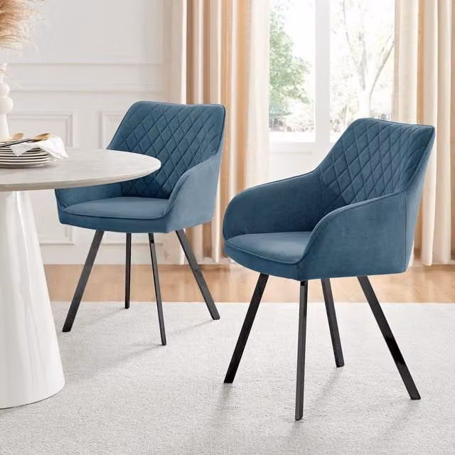 FurnitureboxUK Set of 2 Falun Deep Padded Dining Chairs in Blue Fabric with Black Metal Legs – 1