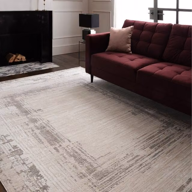 Furniturebox UK Strata Grey and Cream Sketched Border Rug, W 300 cm x D 200 cm