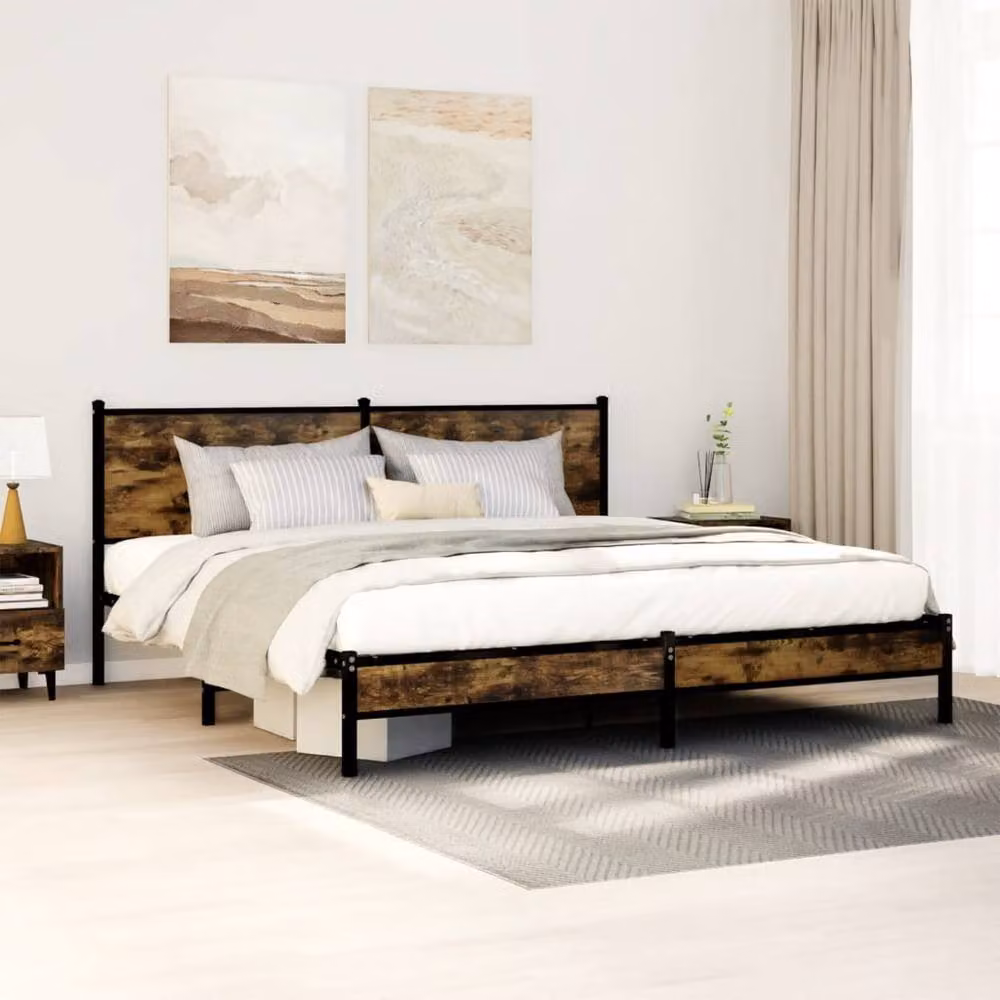 Berkfield Home Metal Bed Frame in Smoked Oak and Brown, W: 160 cm, D: 200 cm, H: 91.5 cm – 2