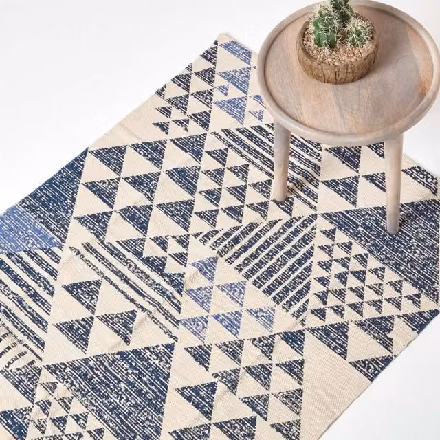 Homescapes Delphi Geometric Cotton Printed Rug in Blue, White and Black, 150 cm