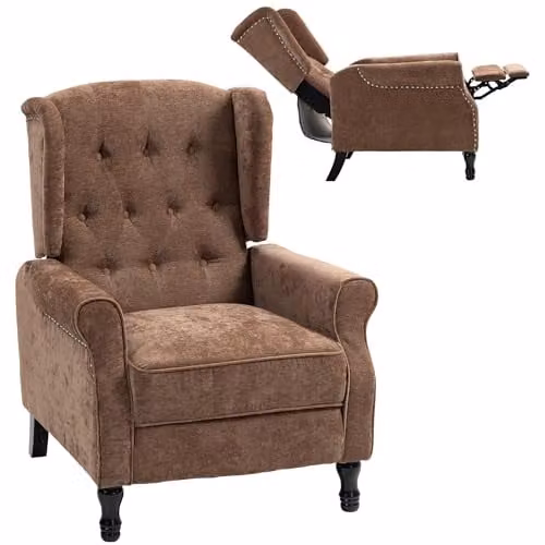 HOMCOM Vintage Recliner Armchair with Integrated Footrest and Solid Wood Frame in Brown