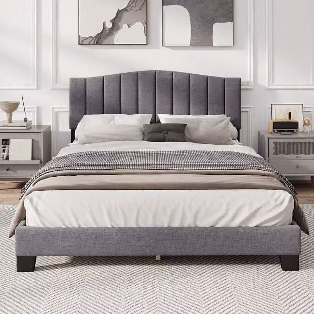 COSTWAY Modern Upholstered Slat Support Bedstead in Grey