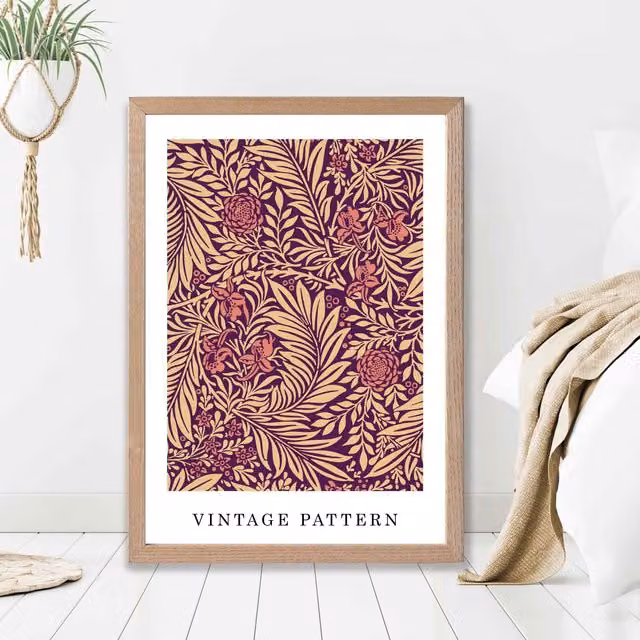 ARTZE Vintage William Morris Larkspur Floral Art Print in Pink and Beige with Oak Wood Frame